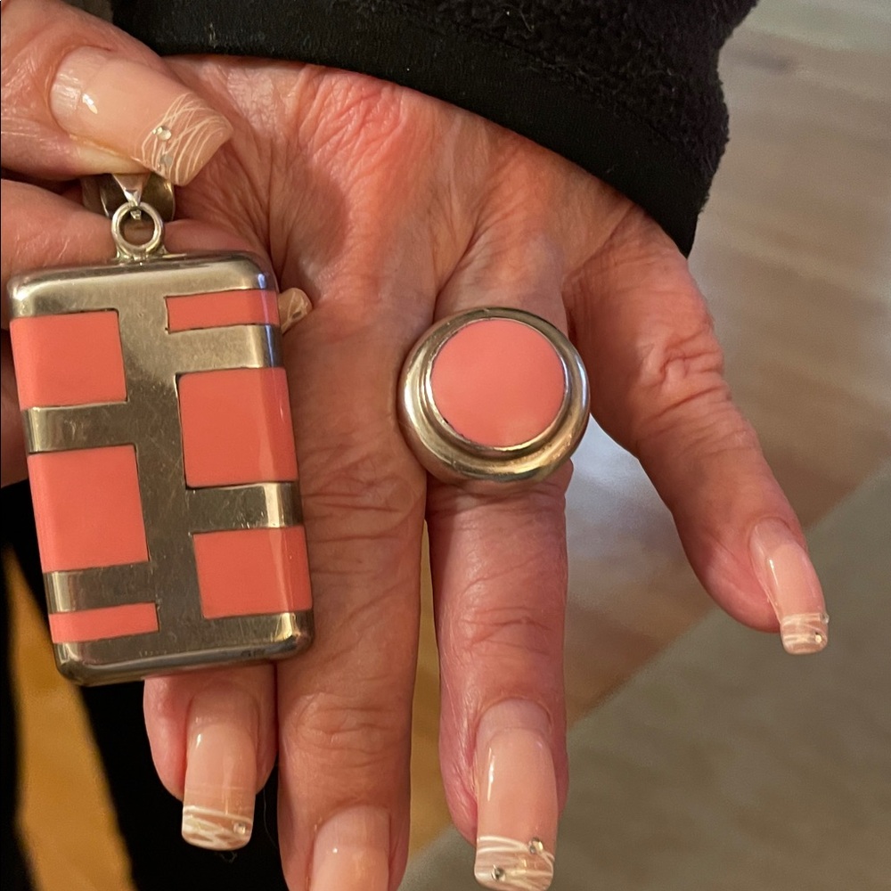 Silver and Pink Geometric Pendant and Ring Set